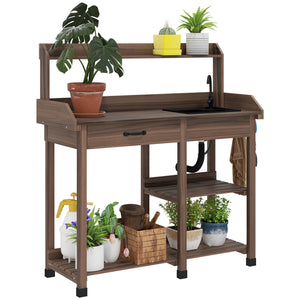 Outsunny Potting Bench Table, Outdoor Garden Table Wooden Work Station with Removable Sink, Faucet, Drawer, Shelves, Hooks, Dark Brown