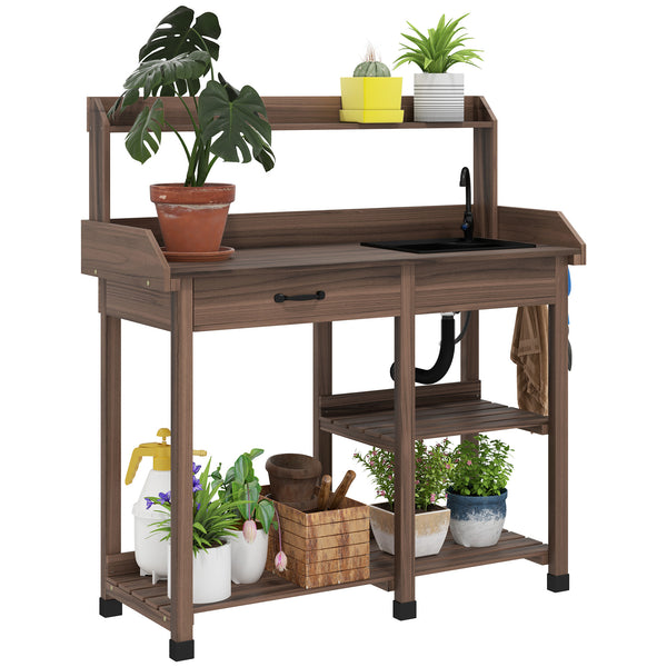 Outsunny Potting Bench Table, Outdoor Garden Table Wooden Work Station with Removable Sink, Faucet, Drawer, Shelves, Hooks, Dark Brown