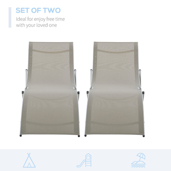 Set of 2 S-shaped Foldable Lounge Chair Sun Lounger Reclining Outdoor Chair for Patio Beach Garden, Light Grey