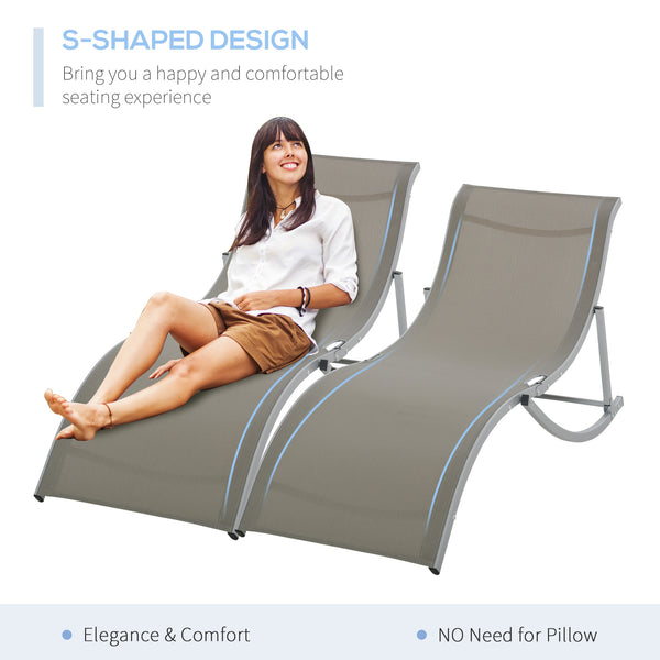 Set of 2 S-shaped Foldable Lounge Chair Sun Lounger Reclining Outdoor Chair for Patio Beach Garden, Light Grey