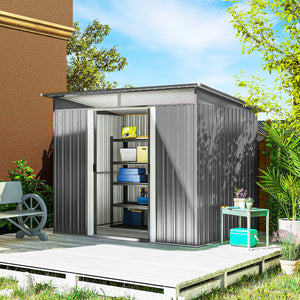 9ft x 6.5ft Metal Shed with Lightsky Panels, Garden Storage Tool House with Double Doors for Garden, Patio and Lawn, Light Grey