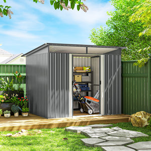 9ft x 6.5ft Metal Shed with Lightsky Panels, Garden Storage Tool House with Double Doors for Garden, Patio and Lawn, Light Grey