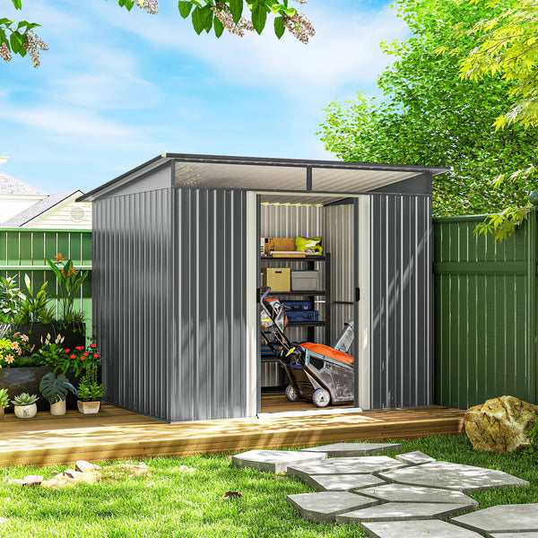 9ft x 6.5ft Metal Shed with Lightsky Panels, Garden Storage Tool House with Double Doors for Garden, Patio and Lawn, Light Grey