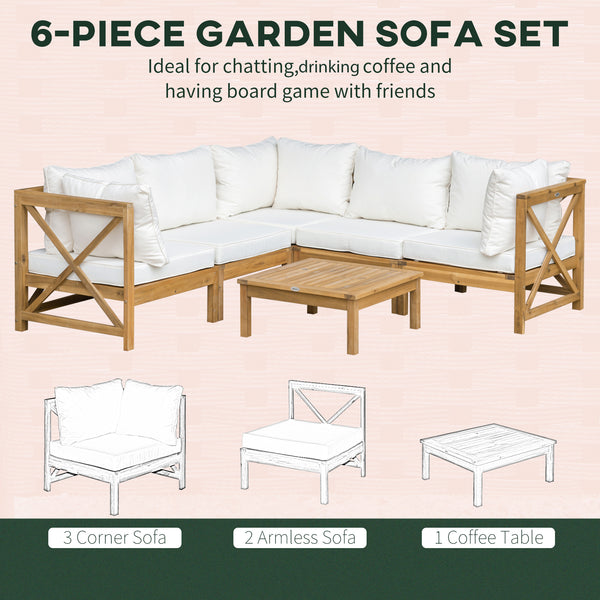 Outsunny 6 Piece Wood Patio Furniture Set, Outdoor Sectional Sofa with Cushions and Coffee Table, Acacia Wood Conversation Set Couch, Cream White