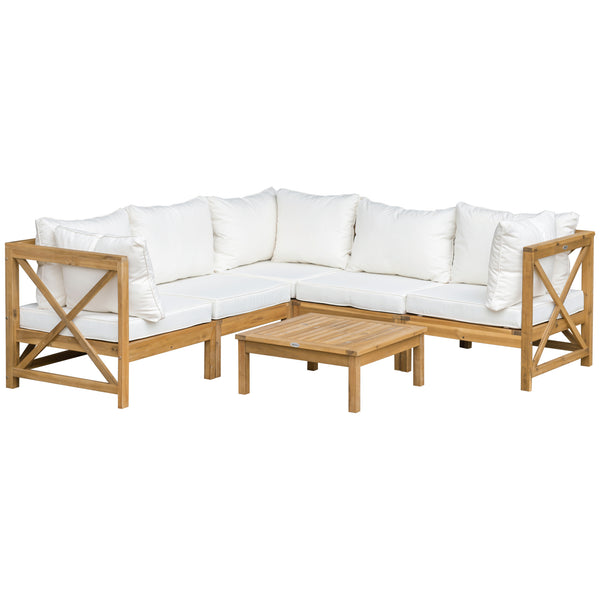 Outsunny 6 Piece Wood Patio Furniture Set, Outdoor Sectional Sofa with Cushions and Coffee Table, Acacia Wood Conversation Set Couch, Cream White