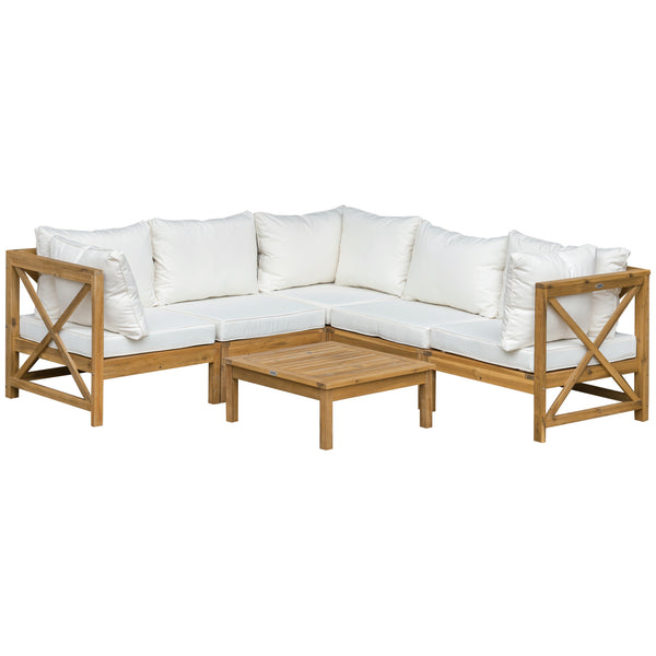 Outsunny 6 Piece Wood Patio Furniture Set, Outdoor Sectional Sofa with Cushions and Coffee Table, Acacia Wood Conversation Set Couch, Cream White