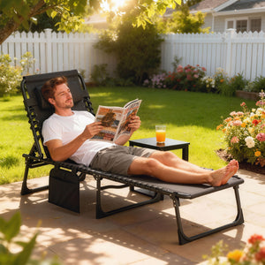 Folding Lounge Chair, Reclining Tanning Chair, Portable Sun Lounger with Adjustable Backrest and Removable Pillow for Patio, Garden, Beach, Black