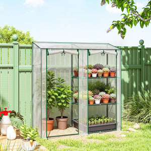Mini Greenhouse, Portable Greenhouse with 3 Shelves, 2 Roll-up Doors, Garden Hot House for Patio Garden Backyard, 56.3" x 17.7" x 59.4", Clear