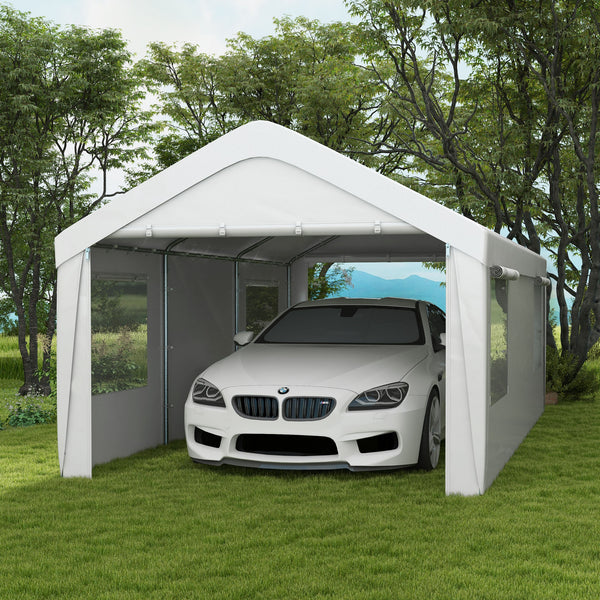 Outsunny Carport 10' x 20' Portable Garage, Heavy Duty Car Port Canopy with 2 Roll-up Doors & 4 Ventilated Windows for Car, Truck, Boat, Garden Tools, White