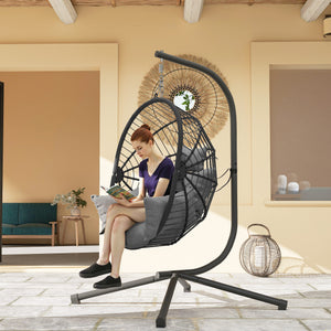 Hanging Egg Chair with Thick Padded Cushion, Foldable Wicker Egg Swing Chair with Metal Stand, Hammock Chair with Cup Holder, Rope Structure, for Indoor and Outdoor, Grey