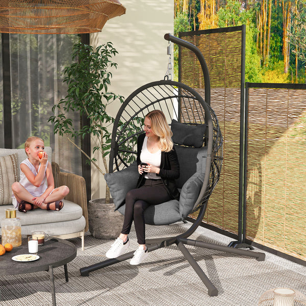 Hanging Egg Chair with Thick Padded Cushion, Foldable Wicker Egg Swing Chair with Metal Stand, Hammock Chair with Cup Holder, Rope Structure, for Indoor and Outdoor, Grey