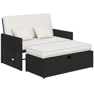 Rattan Garden Daybed, Assembled Double Sun Lounger with 5-Level Adjustable Back, Storage Ottoman, Cushions, Pillows and Retractable Trays, Outdoor Loveseat Sofa Bed for Patio, Cream White