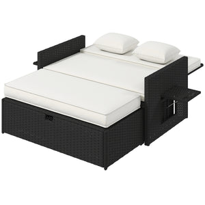 Rattan Garden Daybed, Assembled Double Sun Lounger with 5-Level Adjustable Back, Storage Ottoman, Cushions, Pillows and Retractable Trays, Outdoor Loveseat Sofa Bed for Patio, Cream White