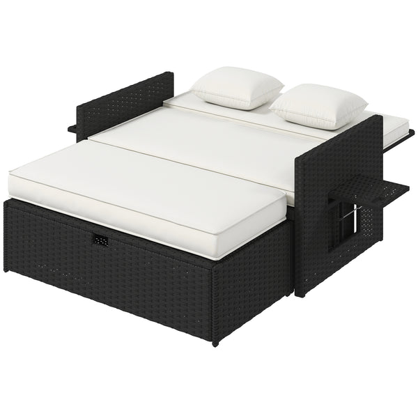 Rattan Garden Daybed, Assembled Double Sun Lounger with 5-Level Adjustable Back, Storage Ottoman, Cushions, Pillows and Retractable Trays, Outdoor Loveseat Sofa Bed for Patio, Cream White