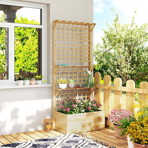 Wooden Raised Garden Bed with Trellis and Roof, Elevated Outdoor Planter Box with 2 Shelves, Drainage Hole and Liner for Climbing Plants Vegetables Flowers, Natural