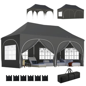 3 x 6m Pop Up Gazebo with Sides, 6 Sandbags, Peak Top Height Adjustable Outdoor Garden Party Tent Marquee Wedding Awning Canopy Instant Event Shelter with Carry Bag, Windows, Dark Grey