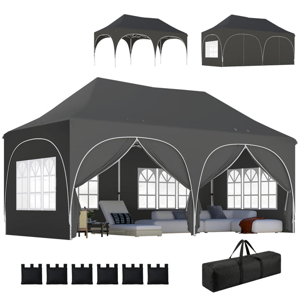 3 x 6m Pop Up Gazebo with Sides, 6 Sandbags, Peak Top Height Adjustable Outdoor Garden Party Tent Marquee Wedding Awning Canopy Instant Event Shelter with Carry Bag, Windows, Dark Grey