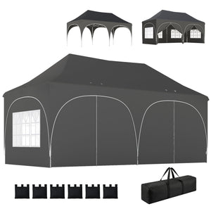 3 x 6m Pop Up Gazebo with Sides, 6 Sandbags, Peak Top Height Adjustable Outdoor Garden Party Tent Marquee Wedding Awning Canopy Instant Event Shelter with Carry Bag, Windows, Dark Grey