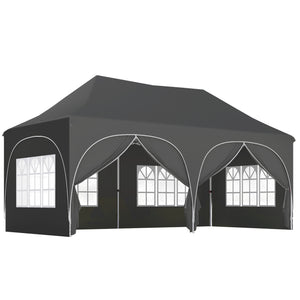 3 x 6m Pop Up Gazebo with Sides, 6 Sandbags, Peak Top Height Adjustable Outdoor Garden Party Tent Marquee Wedding Awning Canopy Instant Event Shelter with Carry Bag, Windows, Dark Grey