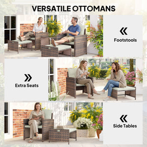 5 Piece Patio Furniture Set, Wicker Patio Chairs with Ottomans, 2-Tier Glass Coffee Table, Cushions, Outdoor Patio Furniture Conversation Set for Balcony, Brown/Cream