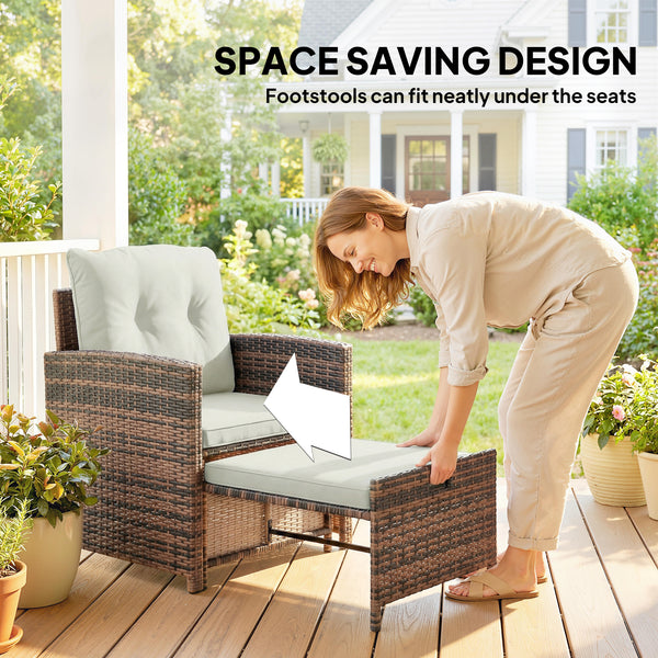 5 Piece Patio Furniture Set, Wicker Patio Chairs with Ottomans, 2-Tier Glass Coffee Table, Cushions, Outdoor Patio Furniture Conversation Set for Balcony, Brown/Cream