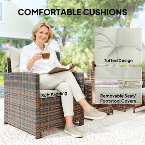 5 Piece Patio Furniture Set, Wicker Patio Chairs with Ottomans, 2-Tier Glass Coffee Table, Cushions, Outdoor Patio Furniture Conversation Set for Balcony, Brown/Cream