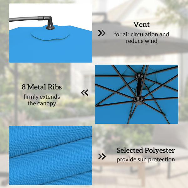 3 m Cantilever Parasol with Cross Base, Offset Outdoor Umbrella, Crank Handle, Hanging Sun Shade, Blue