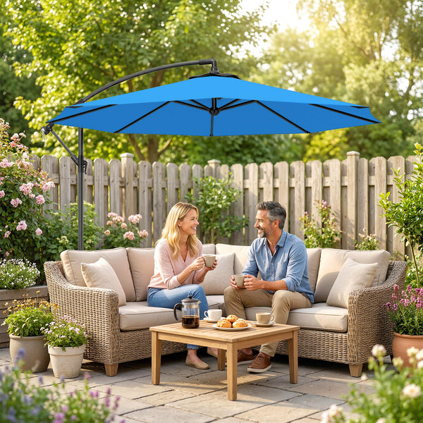 3 m Cantilever Parasol with Cross Base, Offset Outdoor Umbrella, Crank Handle, Hanging Sun Shade, Blue
