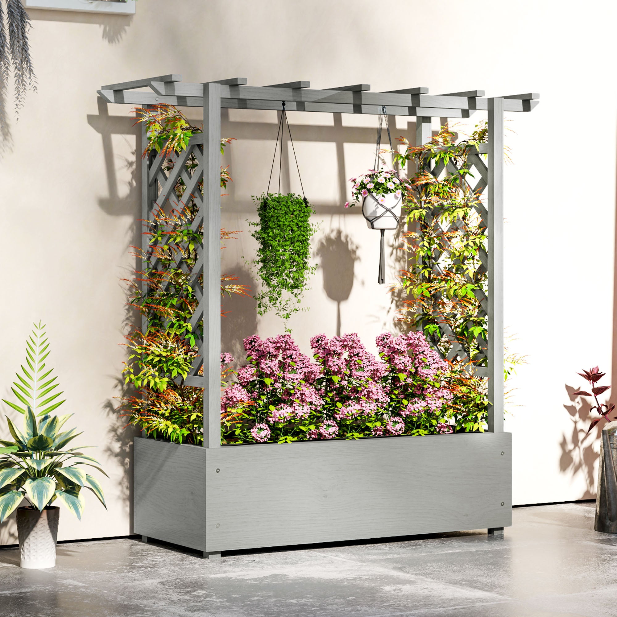 grey trellis planter Outsunny Wood Raised Garden Bed with Trellis, Hanging Roof, Drainage Holes and Liner,43.3" x 17.3" x 44.9", Grey