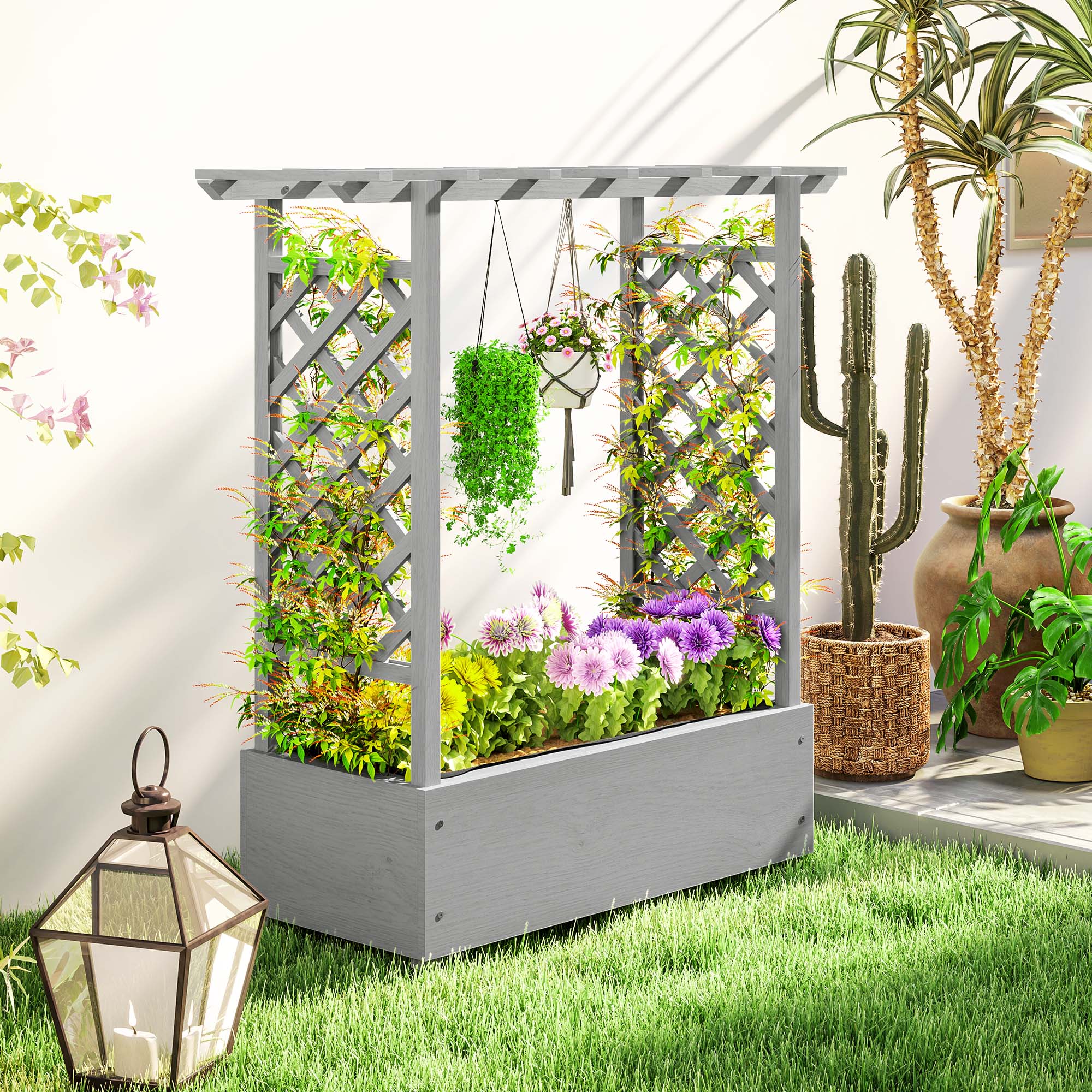outsunny wood planter with trellis Outsunny Wood Raised Garden Bed with Trellis, Hanging Roof, Drainage Holes and Liner,43.3" x 17.3" x 44.9", Grey
