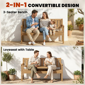 Wooden Garden Loveseat with Liftable Table and Hidden Storage Shelf, 2-3-Seater Outdoor Bench, Fir Wood Jack and Jill Garden Seat with Armrests for Patio, Porch, Teak