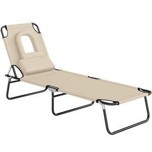 Adjustable Outdoor Lounge Chair, Garden Folding Chaise Lounge with Face Hole Reclining Tanning Chair Seat, Folding Camping Beach Lounging Bed w/ Support Pillow, Beige