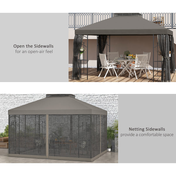 Outsunny 10' x 12' Patio Gazebo with Corner Frame Shelves, Double Roof Outdoor Gazebo Canopy Shelter with Netting for Patio, Wedding, Catering & Events, Gray