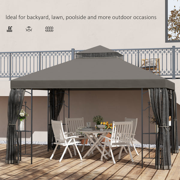 Outsunny 10' x 12' Patio Gazebo with Corner Frame Shelves, Double Roof Outdoor Gazebo Canopy Shelter with Netting for Patio, Wedding, Catering & Events, Gray