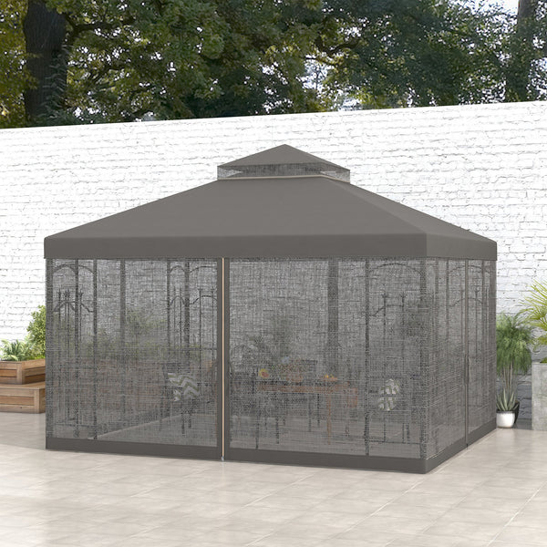 Outsunny 10' x 12' Patio Gazebo with Corner Frame Shelves, Double Roof Outdoor Gazebo Canopy Shelter with Netting for Patio, Wedding, Catering & Events, Gray