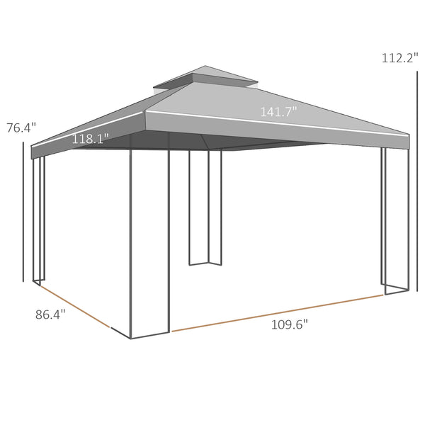 Outsunny 10' x 12' Patio Gazebo with Corner Frame Shelves, Double Roof Outdoor Gazebo Canopy Shelter with Netting for Patio, Wedding, Catering & Events, Gray