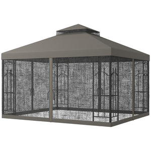 Outsunny 10' x 12' Patio Gazebo with Corner Frame Shelves, Double Roof Outdoor Gazebo Canopy Shelter with Netting for Patio, Wedding, Catering & Events, Gray