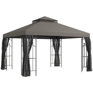 Outsunny 10' x 12' Patio Gazebo with Corner Frame Shelves, Double Roof Outdoor Gazebo Canopy Shelter with Netting for Patio, Wedding, Catering & Events, Gray