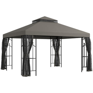 Outsunny 10' x 12' Patio Gazebo with Corner Frame Shelves, Double Roof Outdoor Gazebo Canopy Shelter with Netting for Patio, Wedding, Catering & Events, Gray