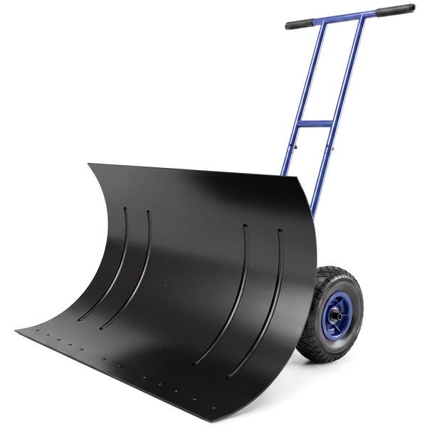 Snow Shovel with Wheels, 29" x 18" Heavy Duty Metal Snow Pusher with 5-Level Adjustable Handle, 7-Angle Blade, Bottom Wear Strip for Driveway, Sidewalks, Garden, Deck, Blue