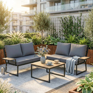 4 Seater Rattan Garden Furniture Set, Corner Garden Sofa Set with 2 Loveseats, 2 Nesting Coffee Tables, Arm Side Trays, Cushions, Metal Outdoor Furniture Conversation Sets for Patio, Teak