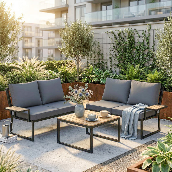 4 Seater Rattan Garden Furniture Set, Corner Garden Sofa Set with 2 Loveseats, 2 Nesting Coffee Tables, Arm Side Trays, Cushions, Metal Outdoor Furniture Conversation Sets for Patio, Teak