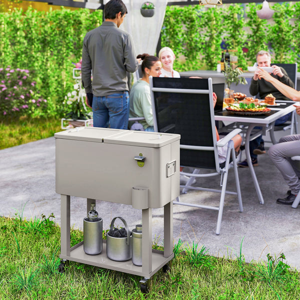 60 Quart Rolling Patio Cooler Cart, Portable Outdoor Cooler with Locking Wheels, Storage Shelf, Steel Bottle Opener, Ice Chest for Patio Backyard Party BBQ, Silver