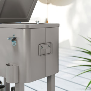 60 Quart Rolling Patio Cooler Cart, Portable Outdoor Cooler with Locking Wheels, Storage Shelf, Steel Bottle Opener, Ice Chest for Patio Backyard Party BBQ, Silver