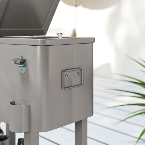 60 Quart Rolling Patio Cooler Cart, Portable Outdoor Cooler with Locking Wheels, Storage Shelf, Steel Bottle Opener, Ice Chest for Patio Backyard Party BBQ, Silver