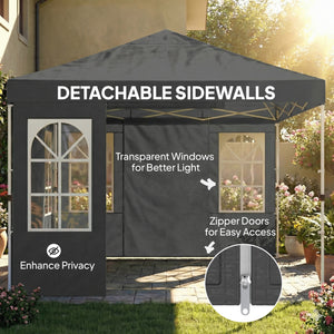 9.6 x 9.6 ft Pop Up Canopy Tent with Sidewalls, One Button Push Setup, UPF50+ Outdoor Portable Instant Canopy Shelter with Carry Bag, Sandbags, Adjustable Height for Parties Events, Dark Gray