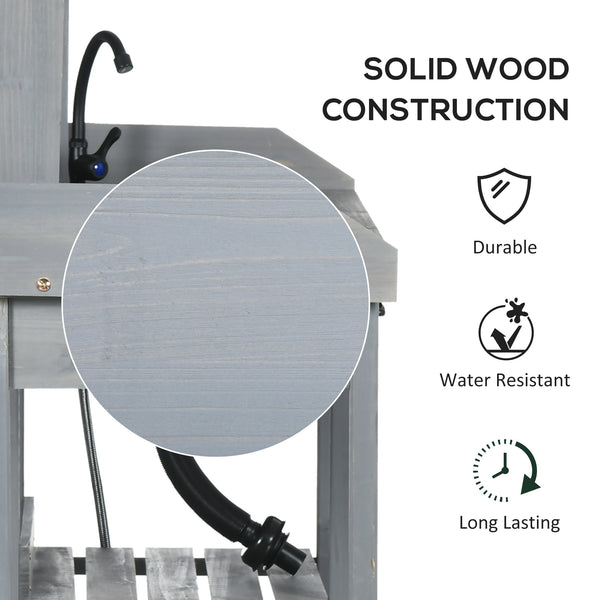 Potting Bench Table Garden Work Bench Workstation with Drawer, Removable Sink, Storage Shelves and Hooks for Patio, Courtyards, Balcony