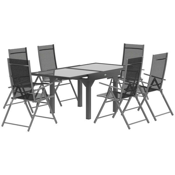 7 Piece Outdoor Dining Set, Garden Furniture Set with Extendable Table and 6 Folding Chairs, Outdoor Conversation Set with 5mm Tempered Glass Top & Aluminium Frame, for Patio, Balcony, Deck