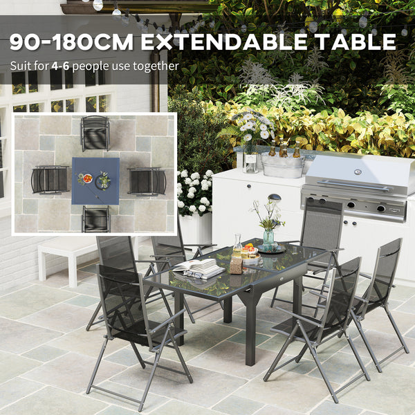 7 Piece Outdoor Dining Set, Garden Furniture Set with Extendable Table and 6 Folding Chairs, Outdoor Conversation Set with 5mm Tempered Glass Top & Aluminium Frame, for Patio, Balcony, Deck