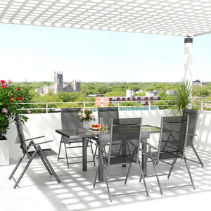 7 Piece Outdoor Dining Set, Garden Furniture Set with Extendable Table and 6 Folding Chairs, Outdoor Conversation Set with 5mm Tempered Glass Top & Aluminium Frame, for Patio, Balcony, Deck